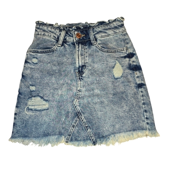 Ruffle Top Distressed Denim Mini Skirt with Front Pockets - Picture 1 of 4